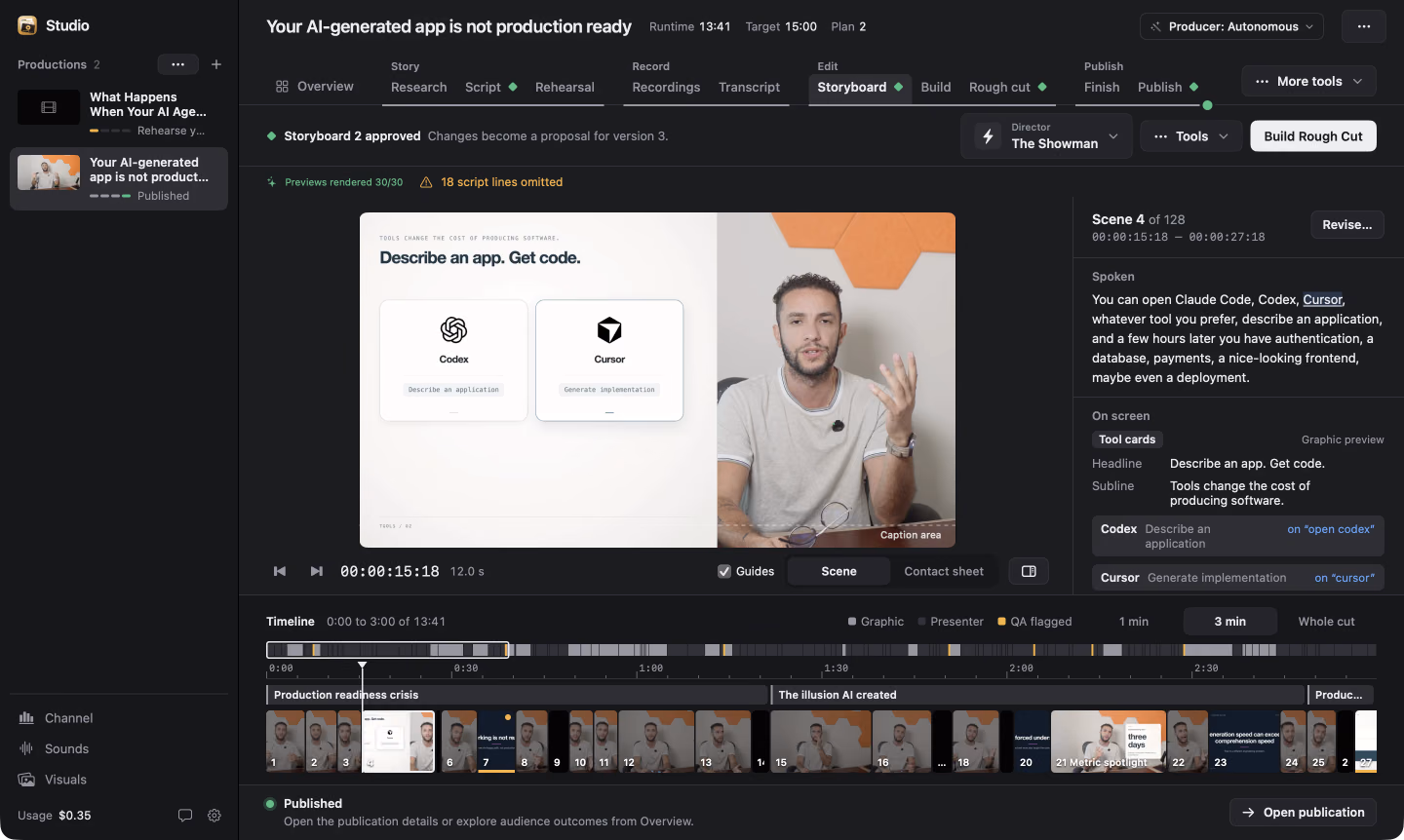 CoProd on macOS with its production checklist, storyboard preview, director’s notes and scene filmstrip.