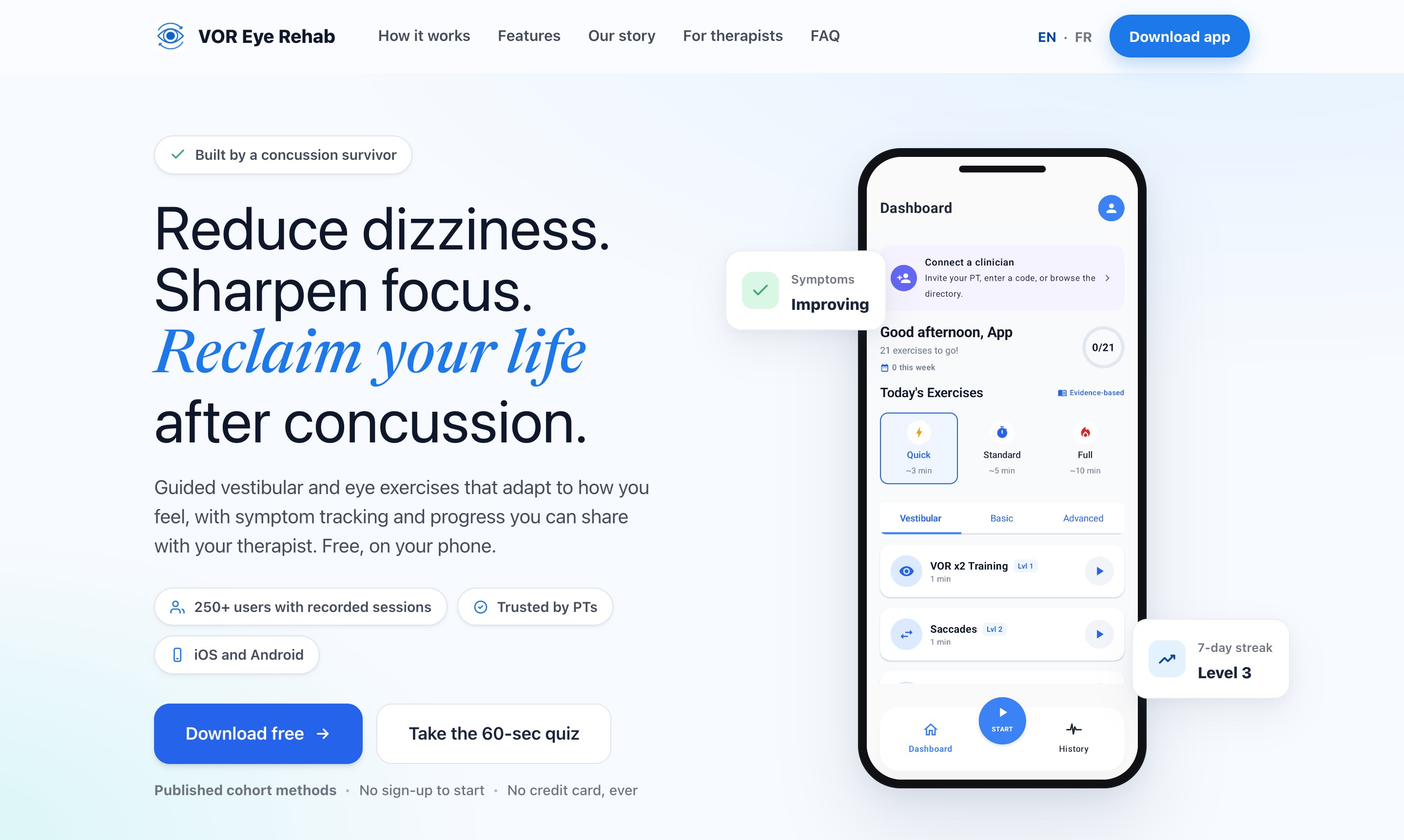 EyeRehab’s website with its guided exercise introduction and mobile app dashboard preview.